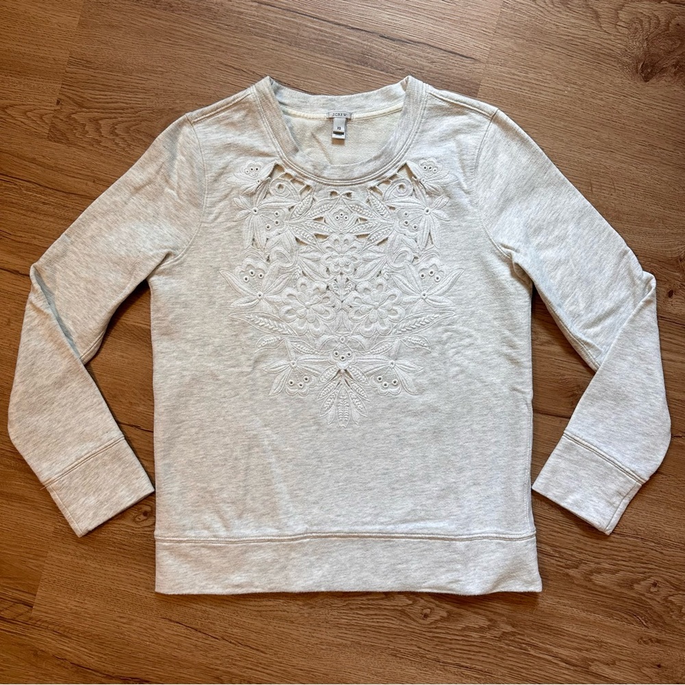 J. Crew Cutout Floral Sweatshirt Grey with White Embroidery Size XS